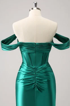 verde escuro apertado fora do ombro espartilho cetim homecoming vestido