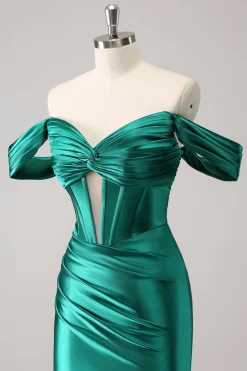 verde escuro apertado fora do ombro espartilho cetim homecoming vestido