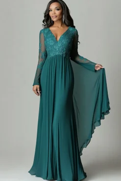 Verde Escuro Appliques Flare Mangas V Pescoço Plissado Bainha Mãe do Vestido da Noiva