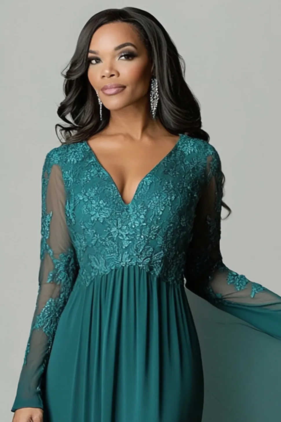Verde Escuro Appliques Flare Mangas V Pescoço Plissado Bainha Mãe do Vestido da Noiva
