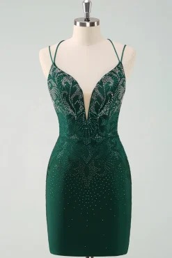 Verde escuro Bodycon Esparguete Correias Vestido Curto Homecoming com Missangas