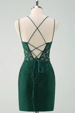 Verde escuro Bodycon Esparguete Correias Vestido Curto Homecoming com Missangas