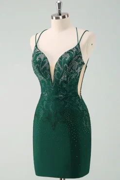 Verde escuro Bodycon Esparguete Correias Vestido Curto Homecoming com Missangas