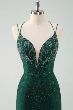 Verde escuro Bodycon Esparguete Correias Vestido Curto Homecoming com Missangas