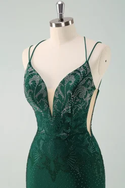 Verde escuro Bodycon Esparguete Correias Vestido Curto Homecoming com Missangas