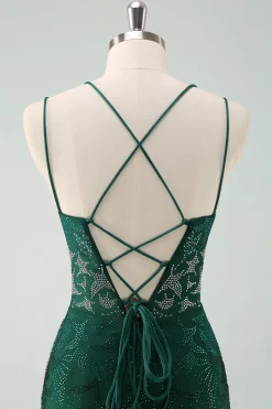 Verde escuro Bodycon Esparguete Correias Vestido Curto Homecoming com Missangas