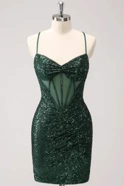 Verde escuro Bodycon Esparguete Correias Espartilho Vestido Curto Homecoming com Sequins