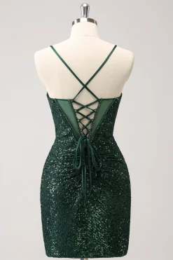 Verde escuro Bodycon Esparguete Correias Espartilho Vestido Curto Homecoming com Sequins