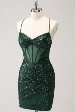 Verde escuro Bodycon Esparguete Correias Espartilho Vestido Curto Homecoming com Sequins