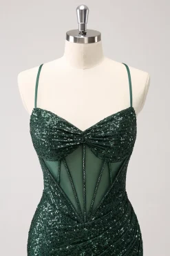 Verde escuro Bodycon Esparguete Correias Espartilho Vestido Curto Homecoming com Sequins