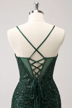 Verde escuro Bodycon Esparguete Correias Espartilho Vestido Curto Homecoming com Sequins