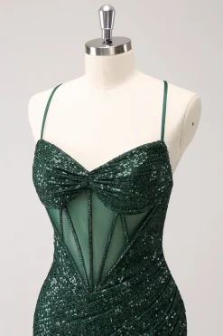 Verde escuro Bodycon Esparguete Correias Espartilho Vestido Curto Homecoming com Sequins