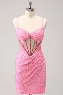 Verde escuro Bodycon Esparguete Correias Espartilho Vestido Curto Homecoming com Sequins