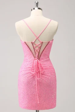 Verde escuro Bodycon Esparguete Correias Espartilho Vestido Curto Homecoming com Sequins