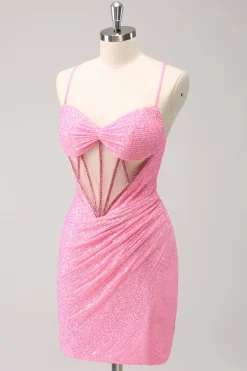 Verde escuro Bodycon Esparguete Correias Espartilho Vestido Curto Homecoming com Sequins