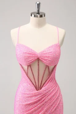 Verde escuro Bodycon Esparguete Correias Espartilho Vestido Curto Homecoming com Sequins