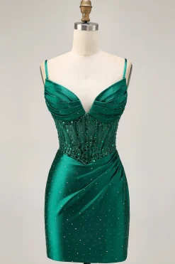 Verde escuro bodycon espartilho sequins cetim homecoming vestido