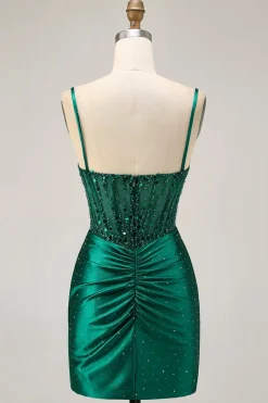 Verde escuro bodycon espartilho sequins cetim homecoming vestido
