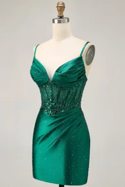Verde escuro bodycon espartilho sequins cetim homecoming vestido