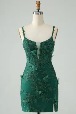 Verde escuro Bodycon Esparguete Correias Vestido Curto Homecoming com Apliques