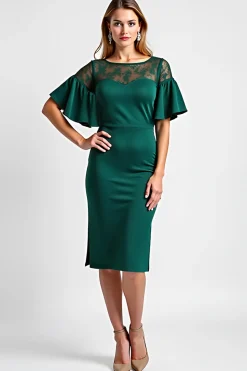 Verde Escuro Bodycon Pescoço de Barco Midi Vestido Mae Noiva