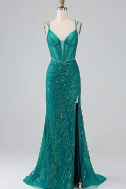 Verde escuro brilhante sereia espaguete correias espartilho vestido de baile com fenda