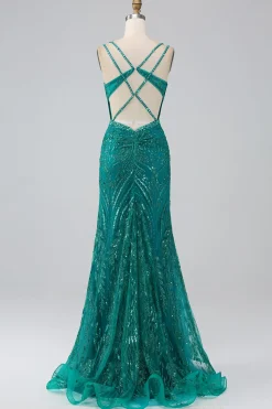 Verde escuro brilhante sereia espaguete correias espartilho vestido de baile com fenda