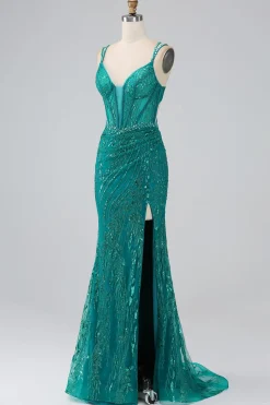 Verde escuro brilhante sereia espaguete correias espartilho vestido de baile com fenda