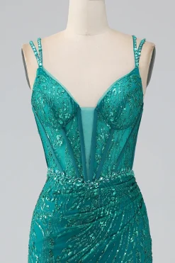 Verde escuro brilhante sereia espaguete correias espartilho vestido de baile com fenda