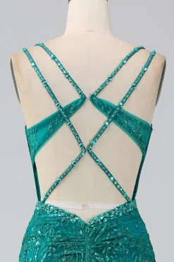 Verde escuro brilhante sereia espaguete correias espartilho vestido de baile com fenda