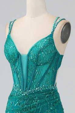 Verde escuro brilhante sereia espaguete correias espartilho vestido de baile com fenda