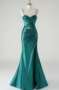 Verde escuro cetim espaguete alças sereia vestido de baile