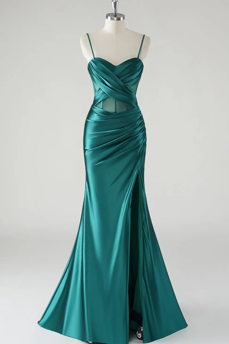 Verde escuro cetim espaguete alças sereia vestido de baile