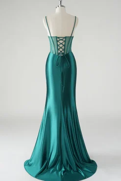 Verde escuro cetim espaguete alças sereia vestido de baile