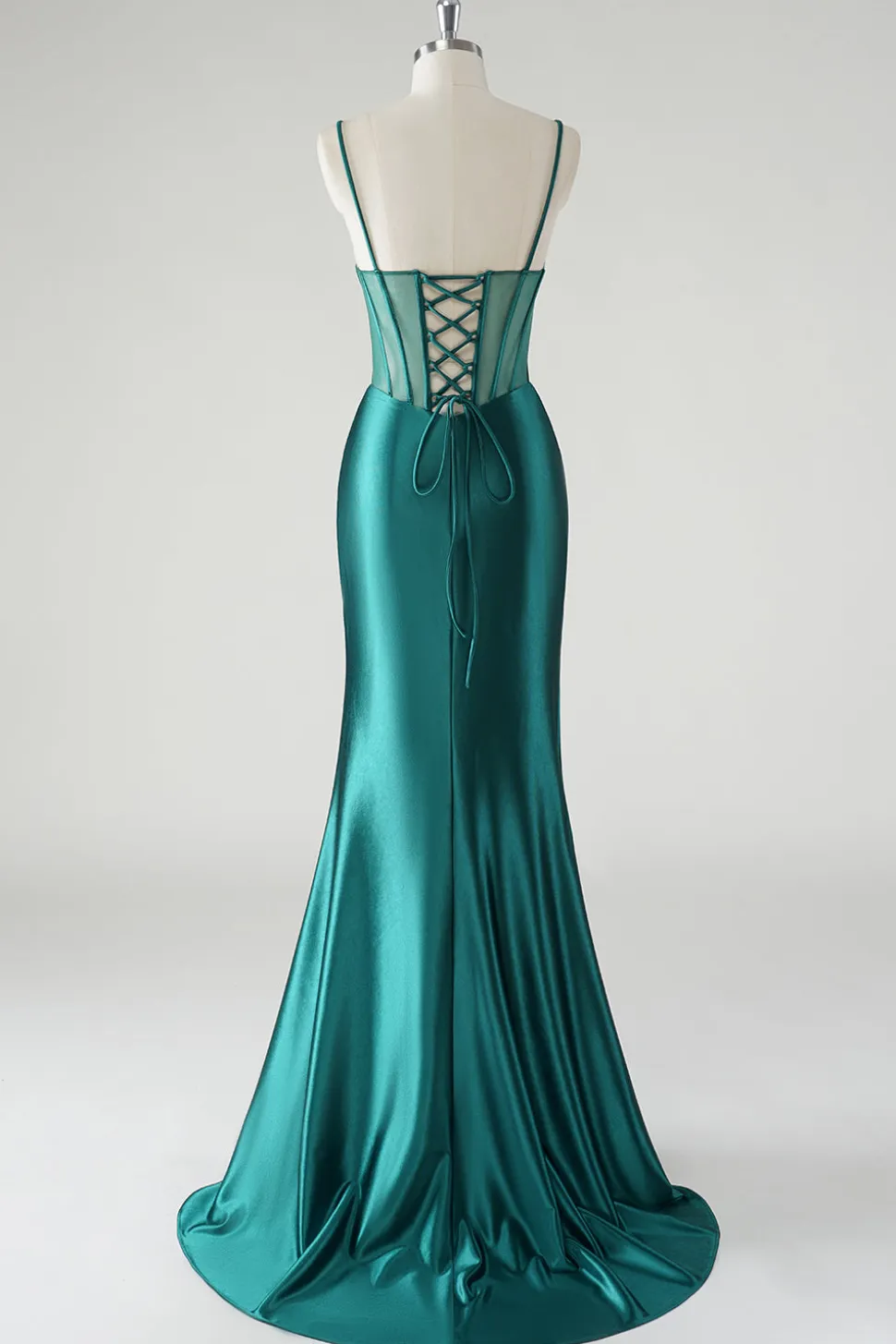 Verde escuro cetim espaguete alças sereia vestido de baile