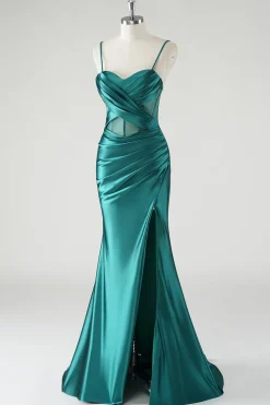 Verde escuro cetim espaguete alças sereia vestido de baile