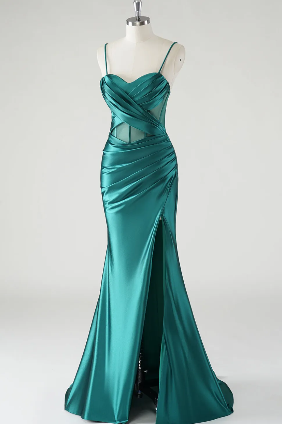 Verde escuro cetim espaguete alças sereia vestido de baile