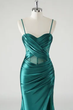 Verde escuro cetim espaguete alças sereia vestido de baile