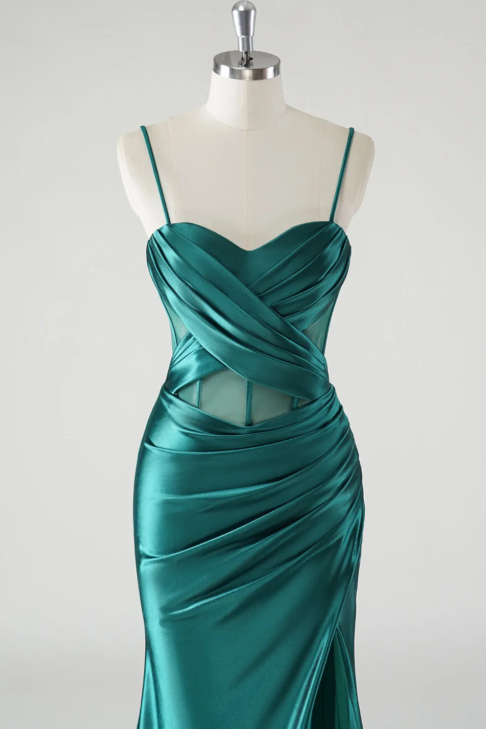 Verde escuro cetim espaguete alças sereia vestido de baile