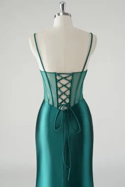 Verde escuro cetim espaguete alças sereia vestido de baile