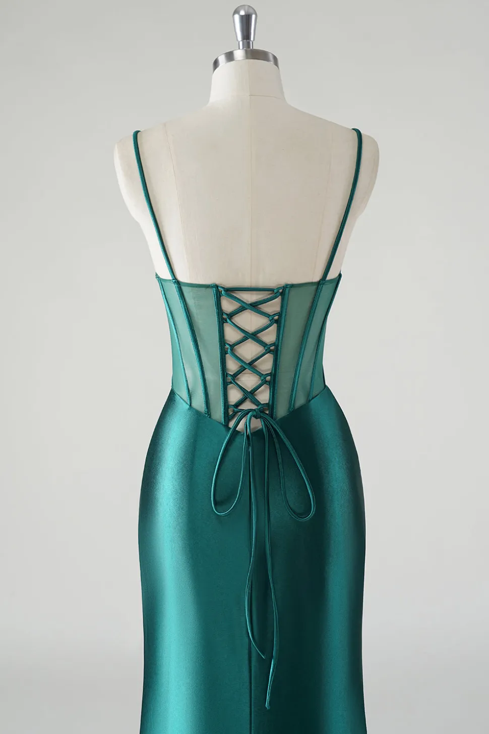 Verde escuro cetim espaguete alças sereia vestido de baile