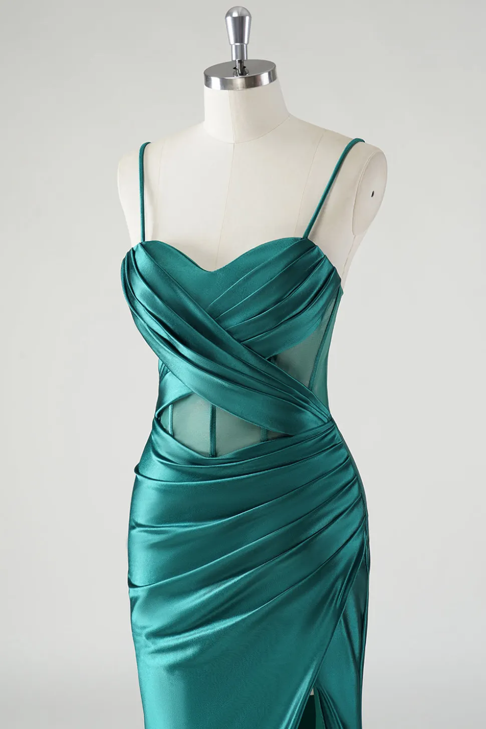 Verde escuro cetim espaguete alças sereia vestido de baile