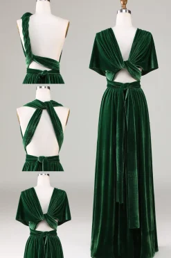 Verde Escuro Covertible Usar Veludo Vestido de Dama de Honor