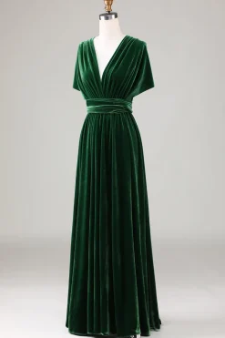 Verde Escuro Covertible Usar Veludo Vestido de Dama de Honor