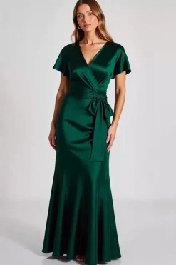 Verde Escuro Decote em V Cetim Longo Vestidos Cerimónia com Mangas Curtas