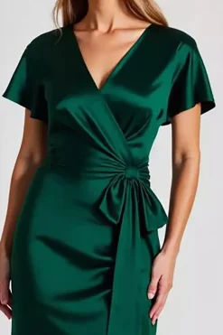 Verde Escuro Decote em V Cetim Longo Vestidos Cerimónia com Mangas Curtas