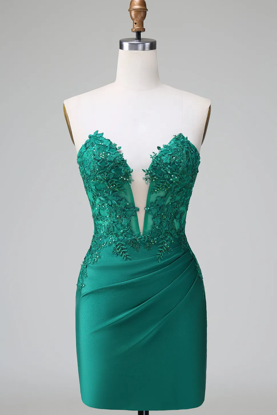 Verde escuro Deep V Neck Applique Cetim Mini Vestido Homecoming