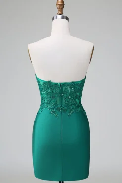 Verde escuro Deep V Neck Applique Cetim Mini Vestido Homecoming