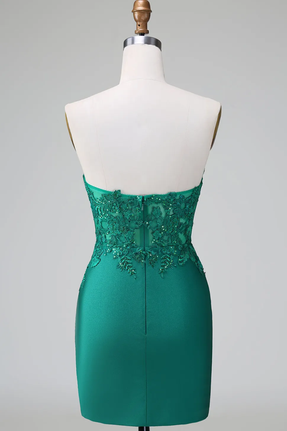 Verde escuro Deep V Neck Applique Cetim Mini Vestido Homecoming