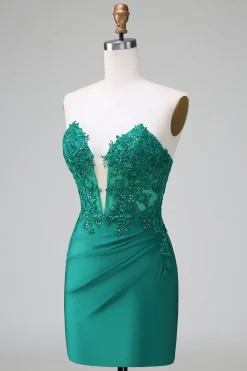 Verde escuro Deep V Neck Applique Cetim Mini Vestido Homecoming